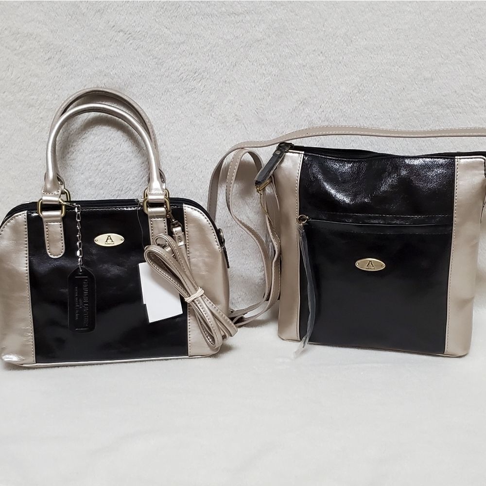 Aurielle Carryland Black Silver Leather Tote Satchel Crossbody Bag Bundle